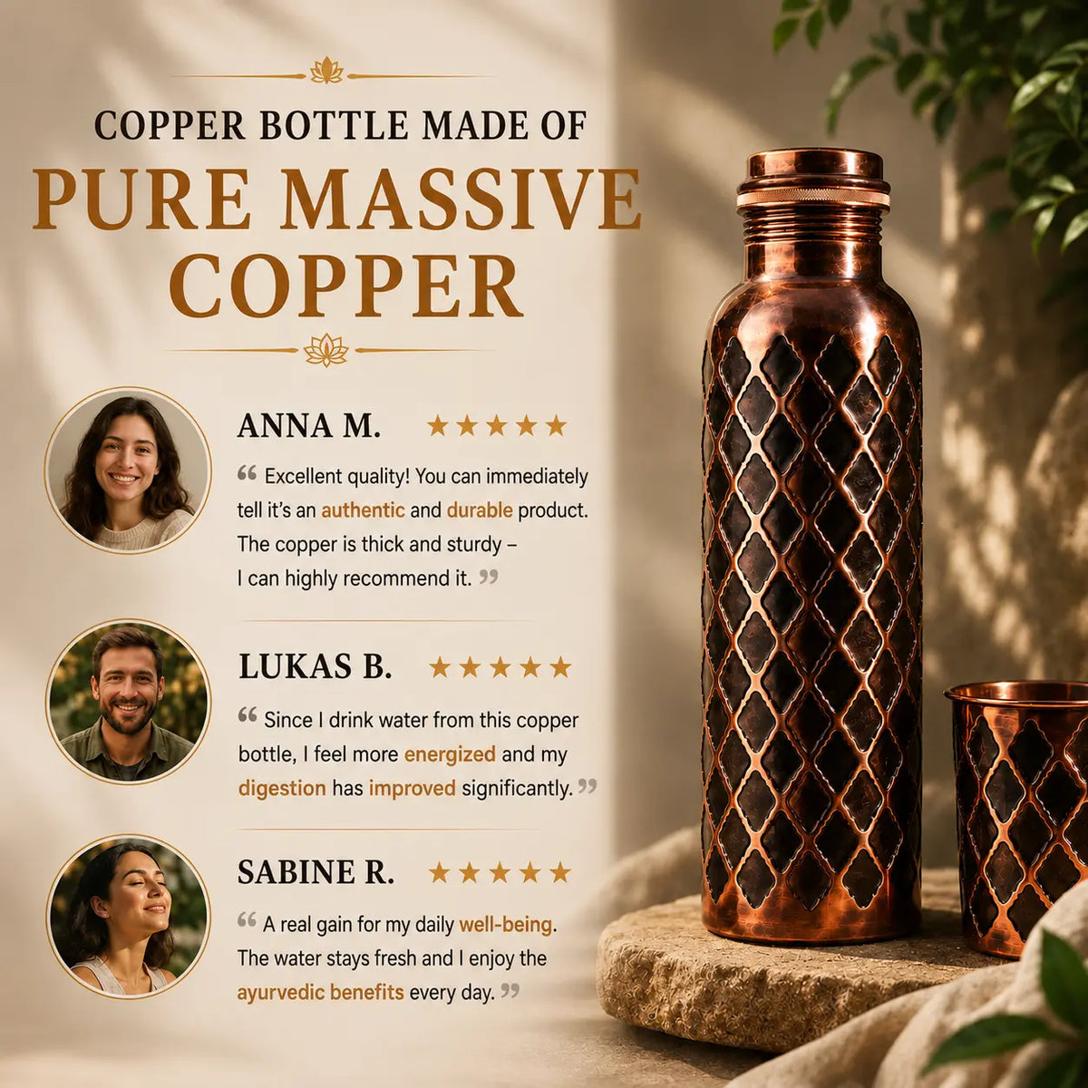 Alma Pure™ Diamond – 99.9% Pure Copper Bottle