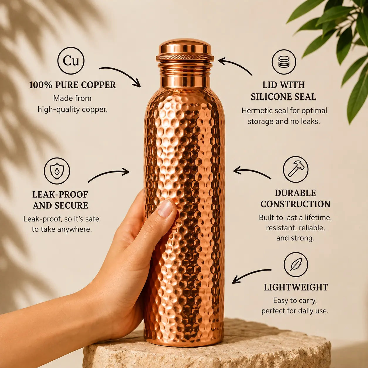 Alma Pure™ – Hammered Copper Bottle for Naturally Pure Water