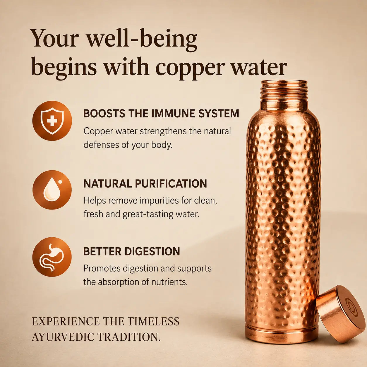 Alma Pure™ – Hammered Copper Bottle for Naturally Pure Water